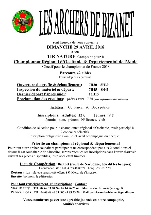 Championnat régional Tir Nature Bizanet 29 avril 2018